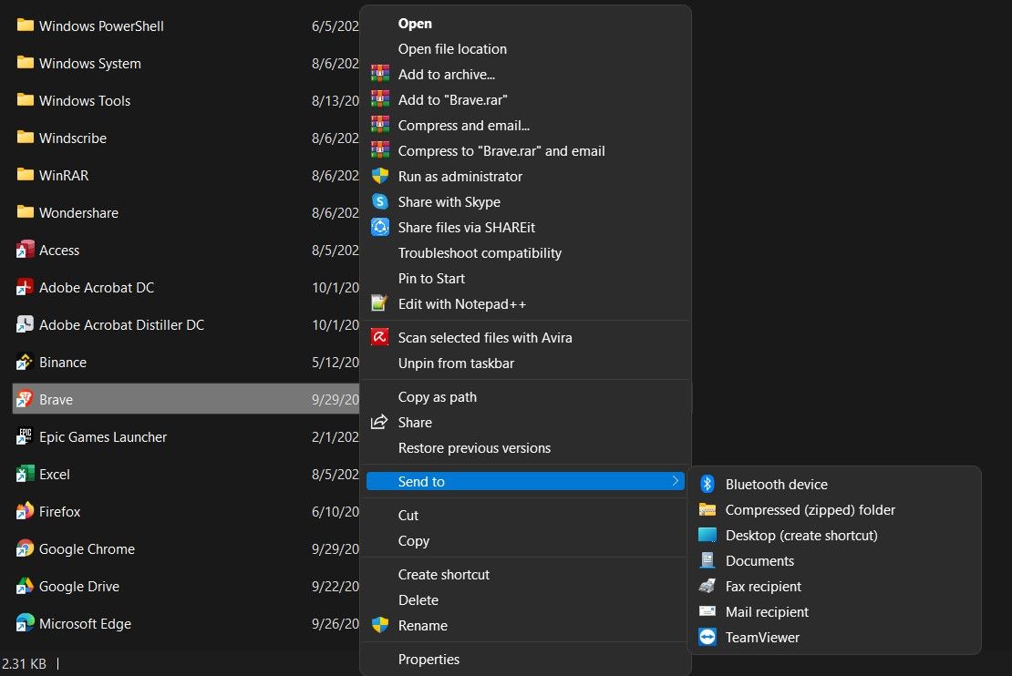 Контекстное меню 'Показать дополнительные параметры'