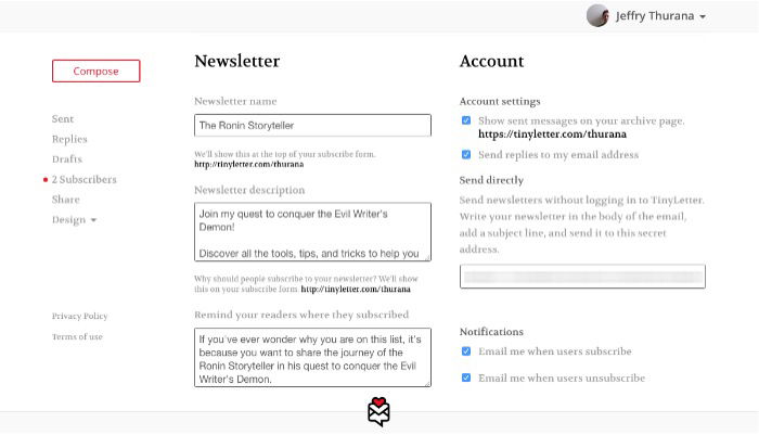 Настройки рассылки TinyLetter с полями имени и описания