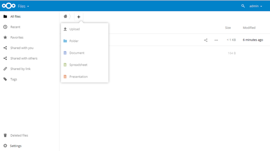 Создание файла через кнопку + в интерфейсе Nextcloud