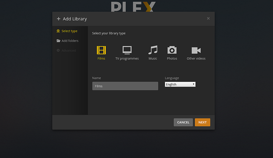 Миниатюра Plex: выбор типа библиотеки