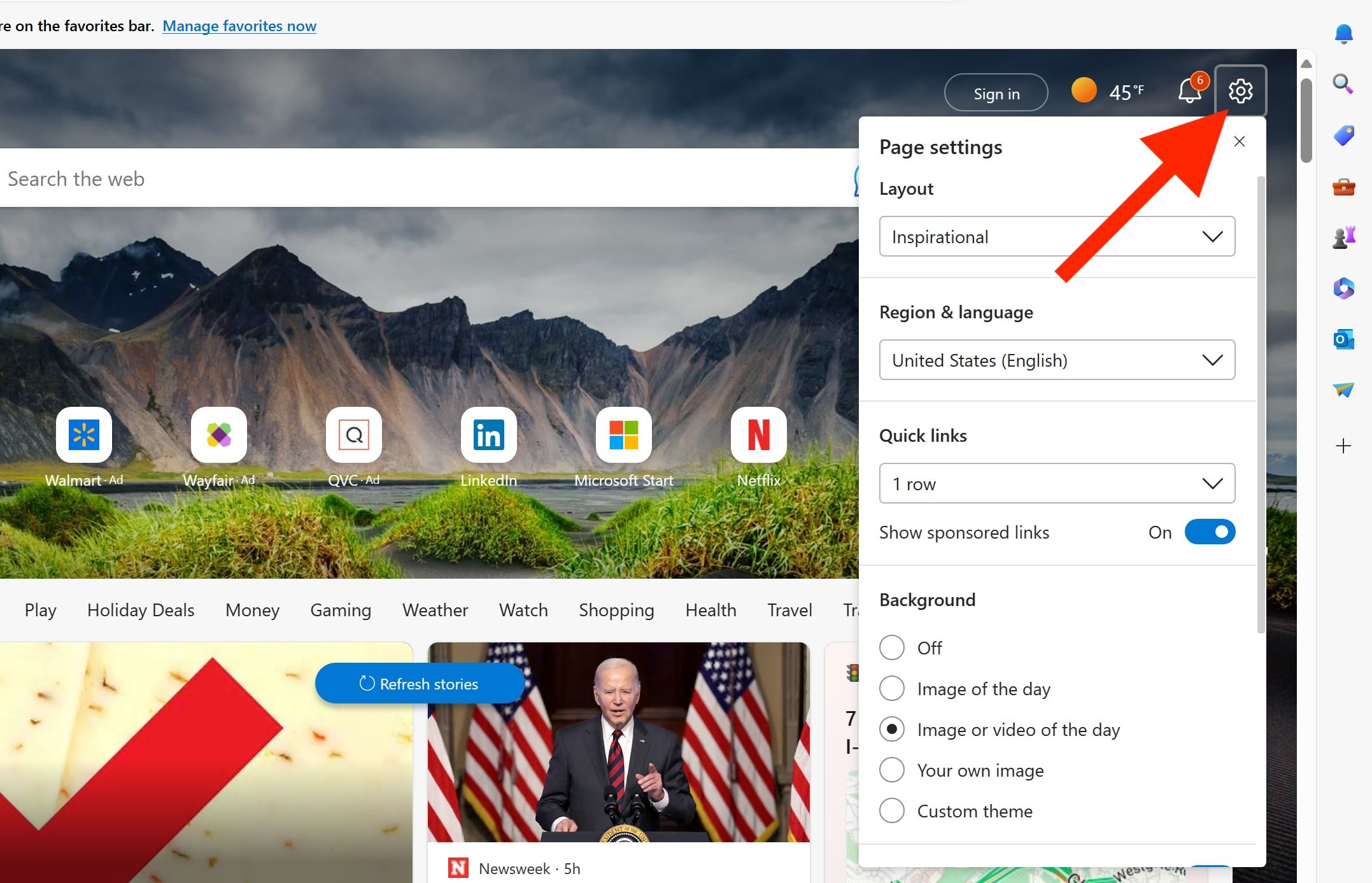 Меню настроек на странице новой вкладки Edge