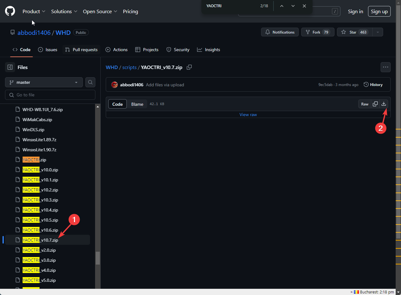 Страница загрузки YAOCTRI с выделенной кнопкой скачивания