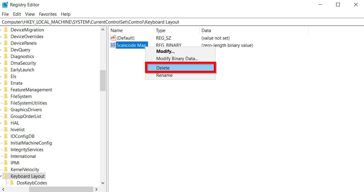 Clic derecho sobre Scancode Map en el Editor de Registro