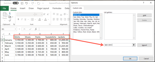 Выделите ячейки с элементами для импорта
