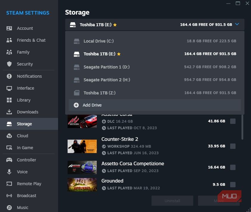 Кнопка Add Drive в менеджере хранения Steam