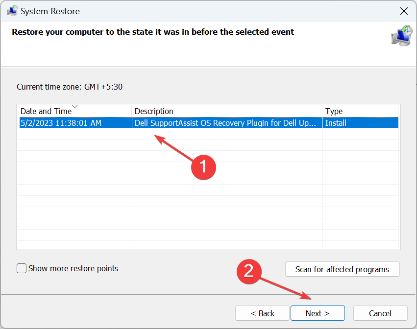 Список точек восстановления в мастере восстановления системы