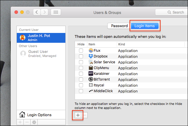 Список элементов автозапуска при входе в macOS