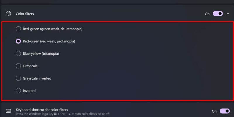 Включение цветовых фильтров в Windows для корректировки восприятия цвета