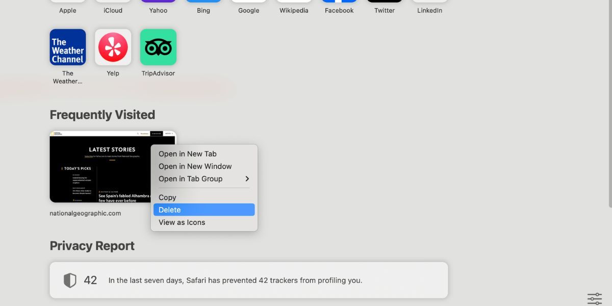 mac safari frequently visited website options
