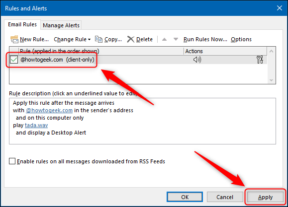 Окно Правила и оповещения с созданным правилом