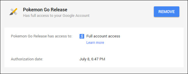 Страница разрешений Google с выделенной кнопкой REMOVE для Pokémon GO