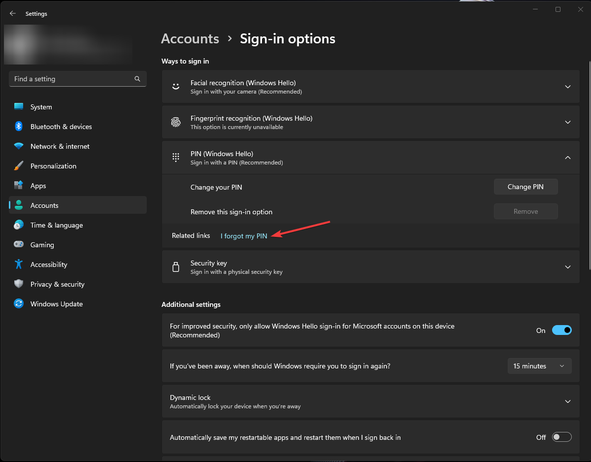Опция забыли PIN