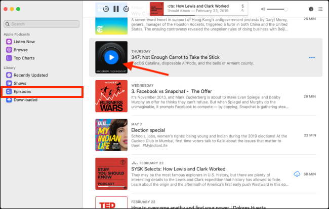 Вкладка Выпуски и проигрывание эпизода