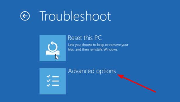 Opzioni avanzate nella schermata di ripristino di Windows