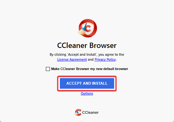 Кнопка Accept and Install в установщике CCleaner Browser