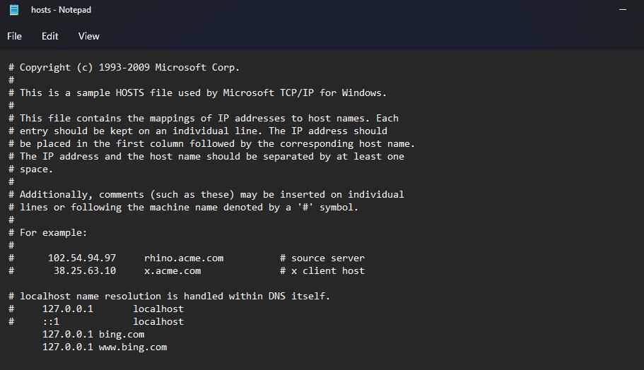 Пример файла Hosts с добавленными доменами