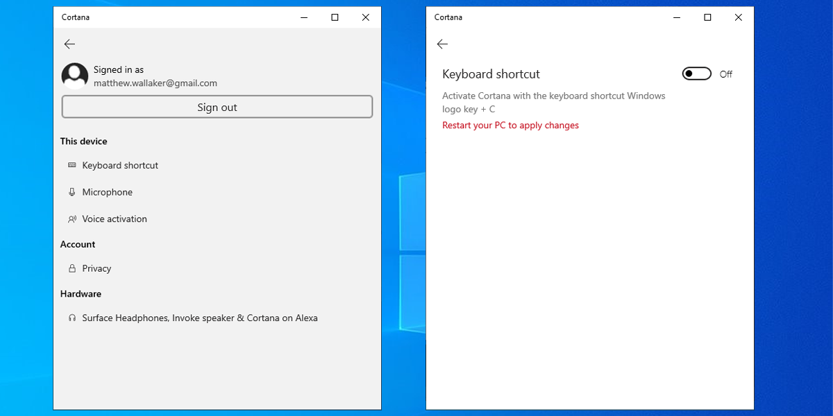 Параметры Cortana в Windows 10
