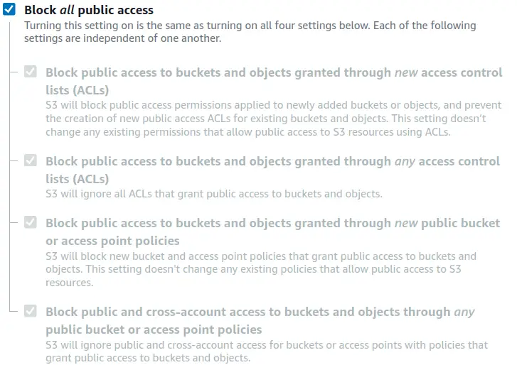 Параметры блокировки публичного доступа для бакета с переключателями блокировки