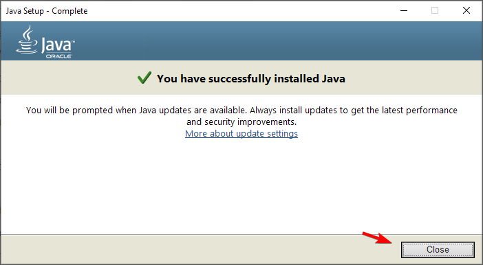 Кнопка Close после завершения установки Java