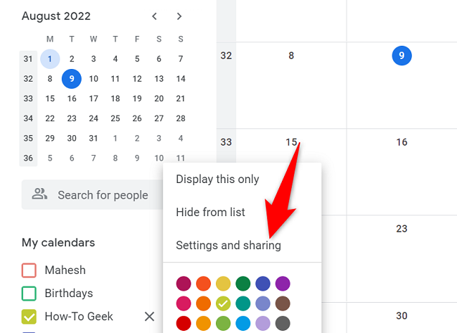 Открыть меню Настройки и общий доступ для выбранного календаря