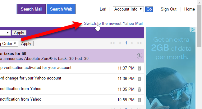 Ссылка для переключения обратно на полную версию Yahoo Mail