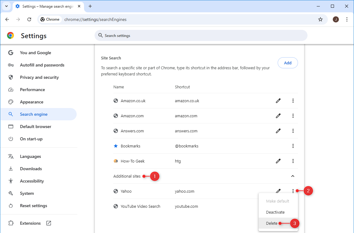 Удаление поиска по сайту из списка в Google Chrome на рабочем столе