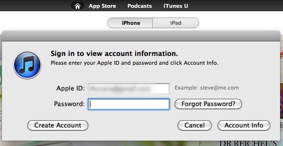 Окно ввода Apple ID и пароля