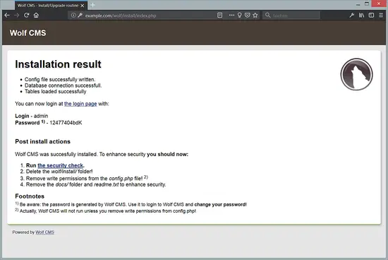 Успешная установка Wolf CMS