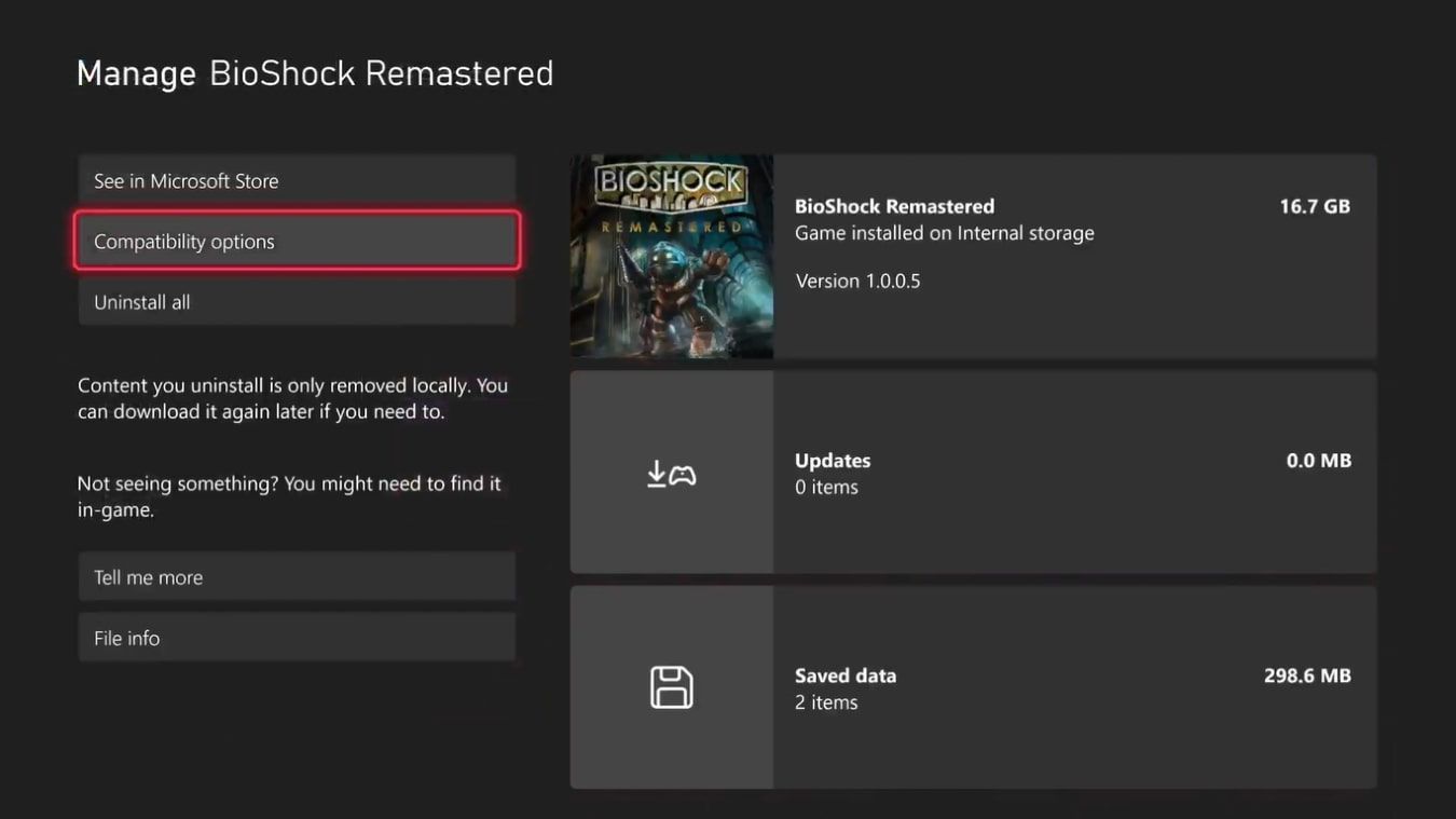 Скриншот доступных опций Управления игрой и дополнениями с выделенной Совместимостью