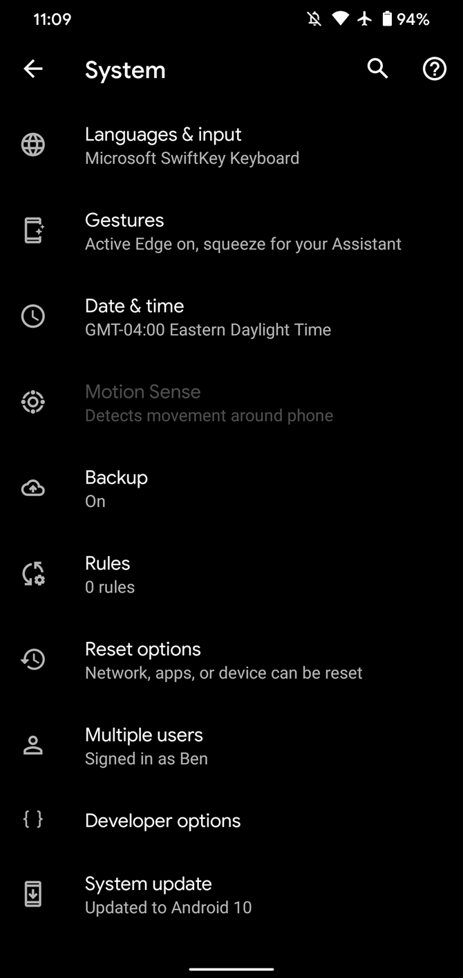 Главная страница параметров разработчика Android