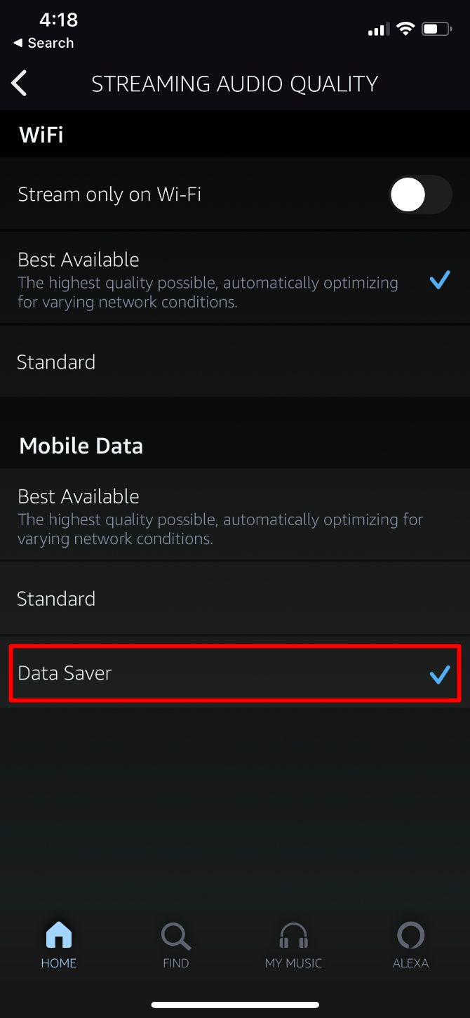 Опция Data Saver в Amazon Music
