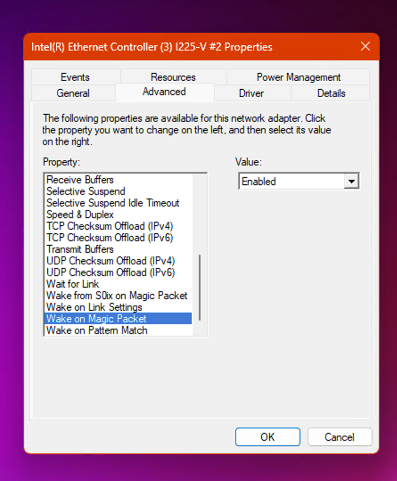 Включение Wake on Magic Packet в свойствах адаптера.