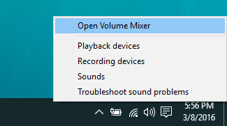 Меню контекстного клика со значком динамика и опцией открытия микшера громкости