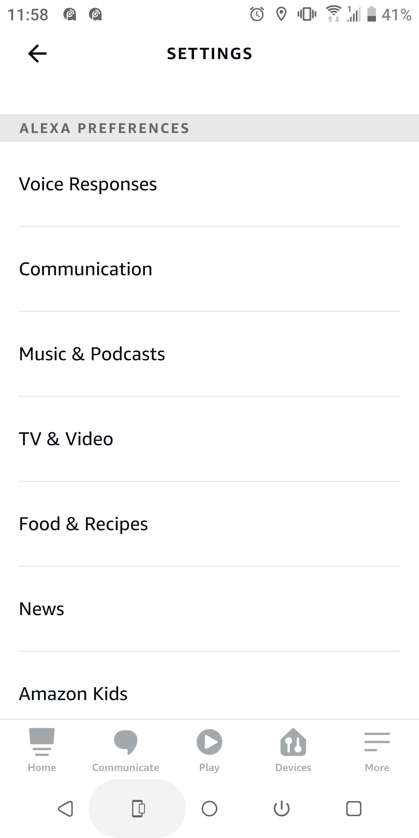 Настройки приложения Alexa
