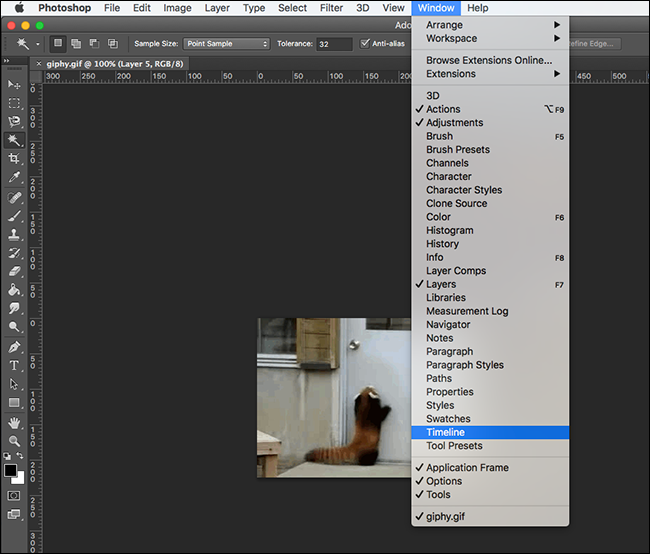 Окно Timeline в Photoshop с пунктом меню Window > Timeline