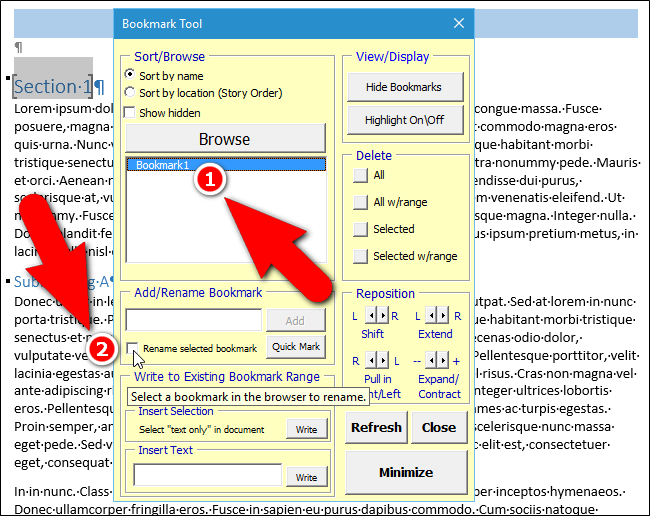 Диалог Bookmark Tool с выделенной закладкой и опцией переименования