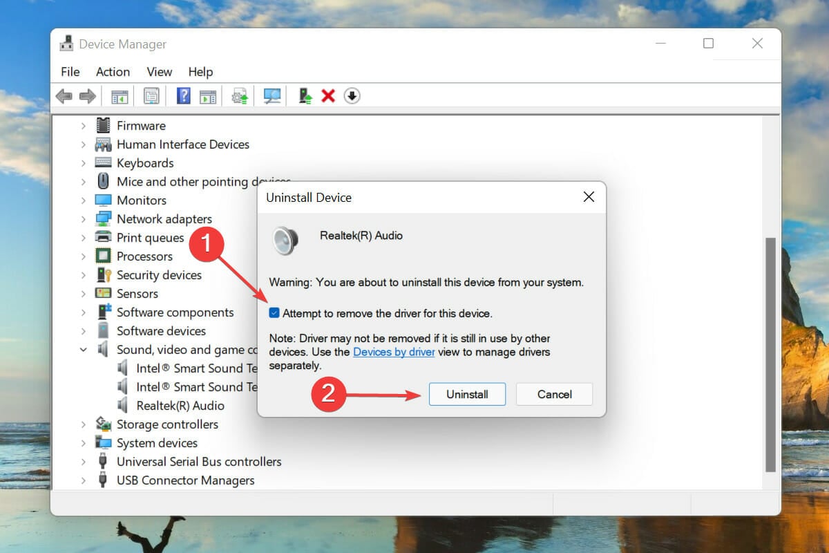 Подтверждение удаления аудиодрайвера с опцией удаления драйвера