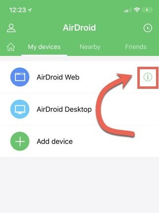 Экран приложения AirDroid на iPhone — список устройств и Web‑подключение