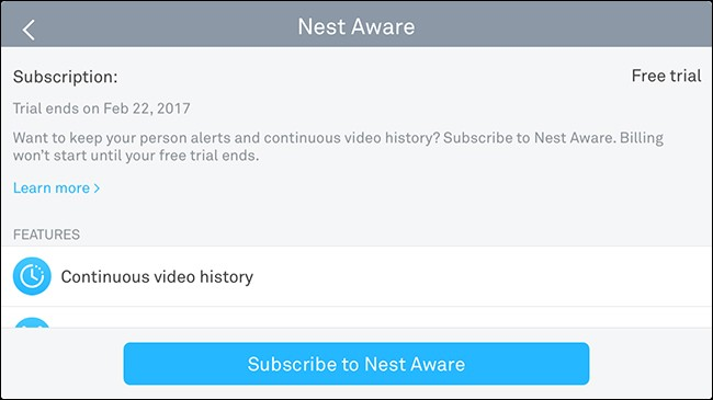 Логотип Nest Aware и интерфейс подписки