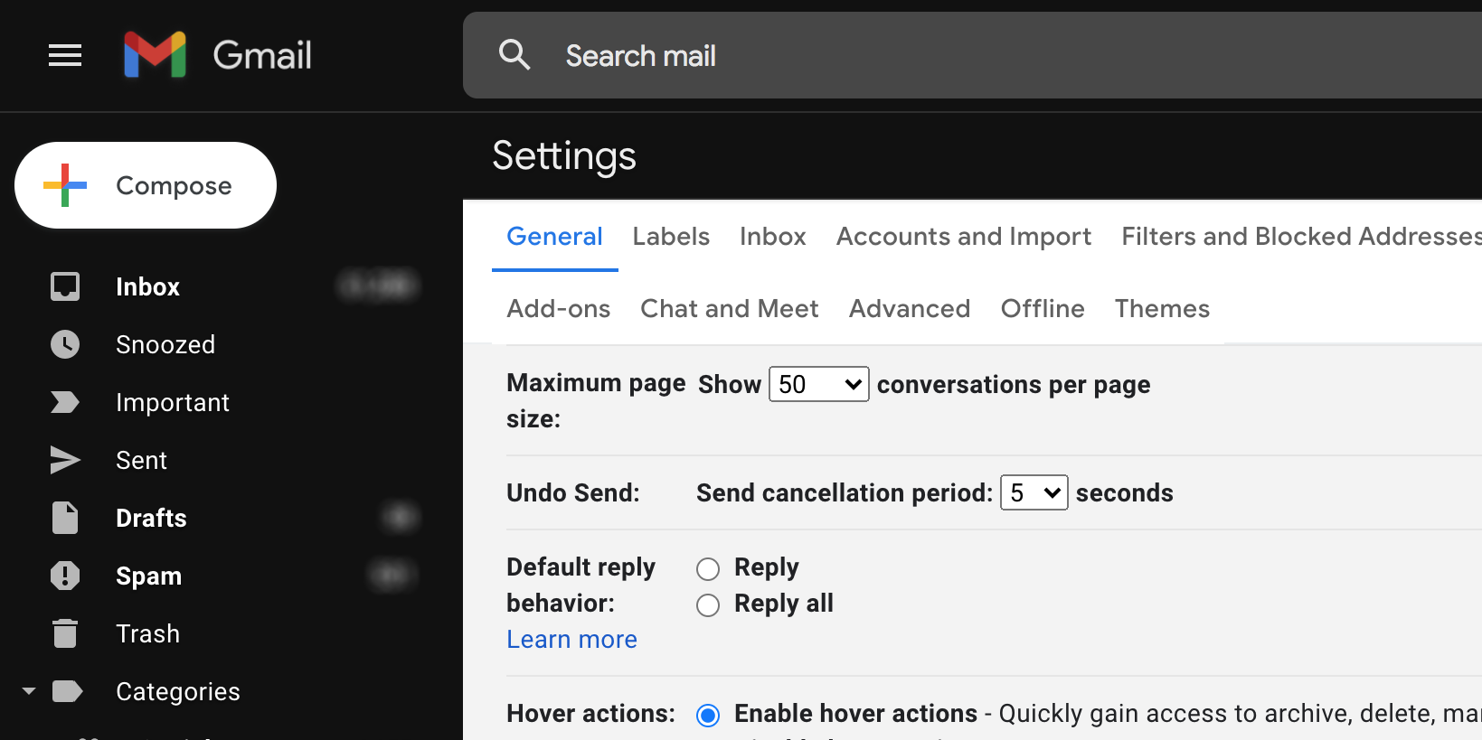 Скриншот настроек Gmail: опция 