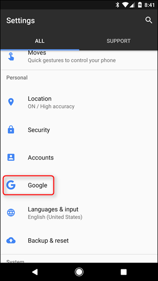 Раздел Google в общих настройках Android