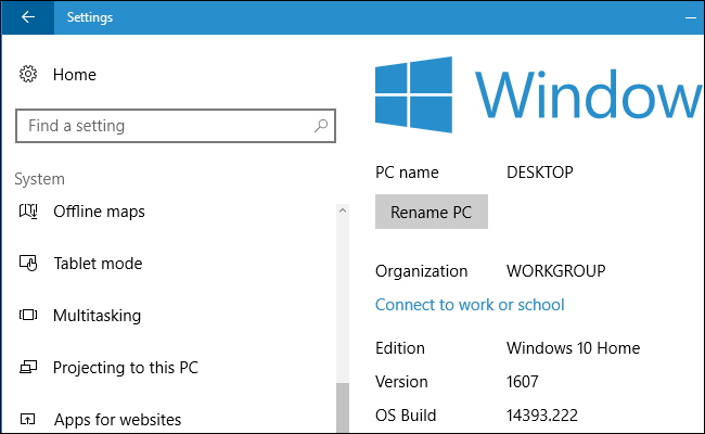 Страница «О системе» с номером сборки Windows