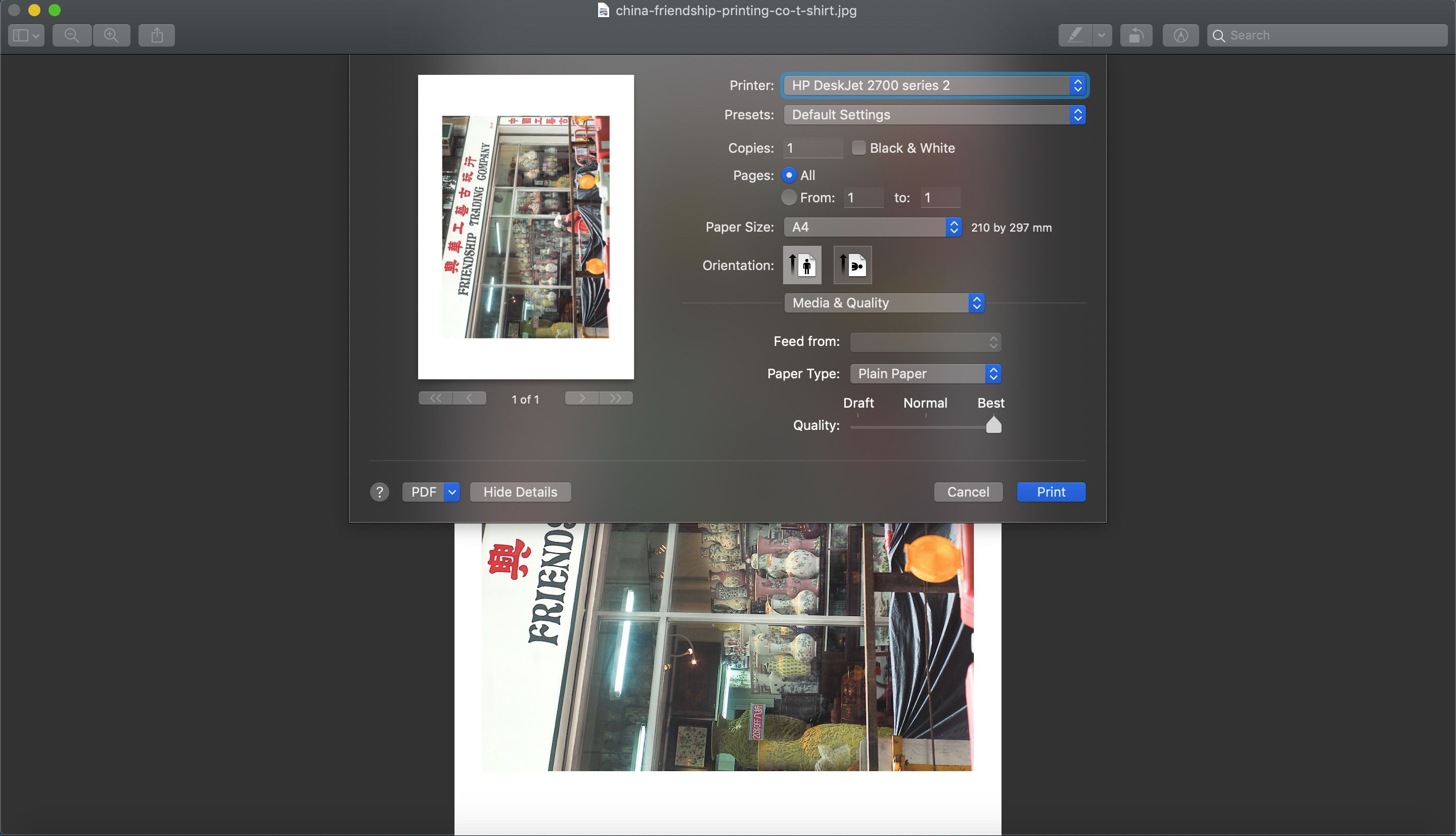 Диалог печати в macOS Preview с параметрами качества.