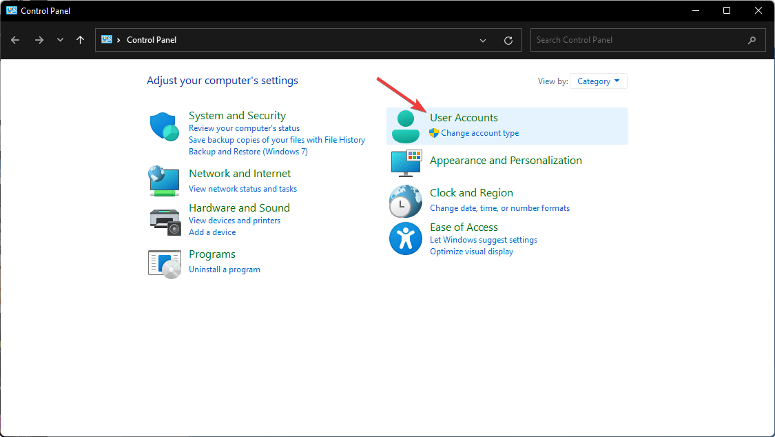 Раздел 'Учетные записи пользователей' в Панели управления