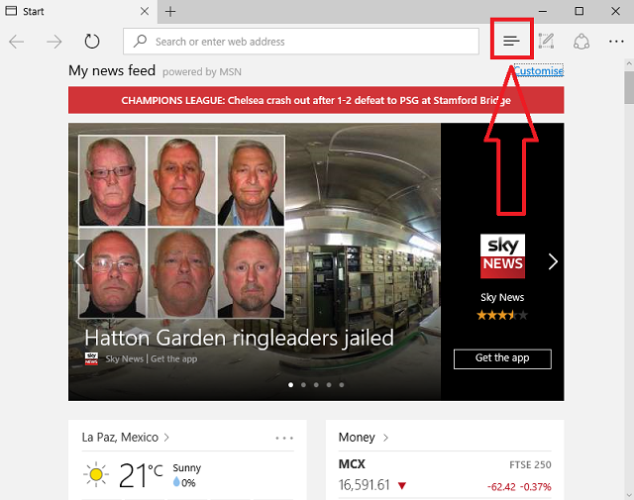 Кнопка «Хаб» в Edge — три горизонтальные линии