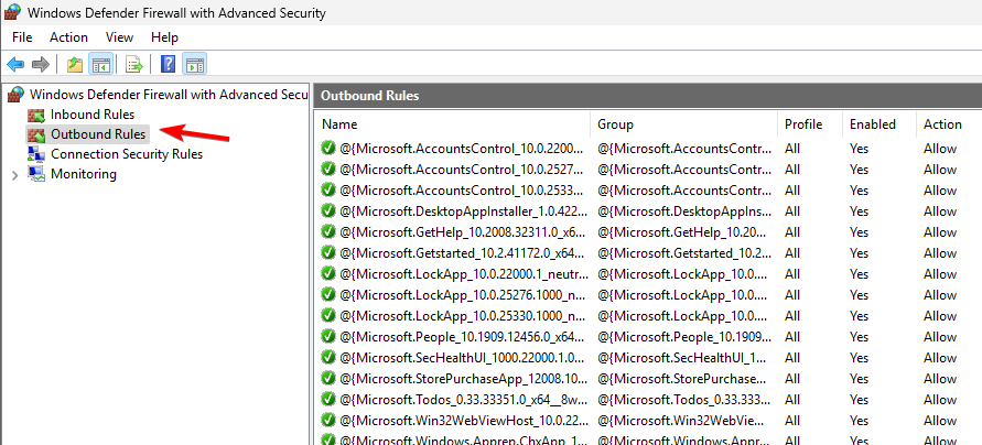 Список: разделы входящих и исходящих правил брандмауэра