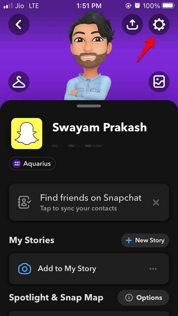 Snapchatの設定画面のスクリーンショット