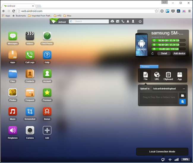 Главная страница AirDroid в браузере
