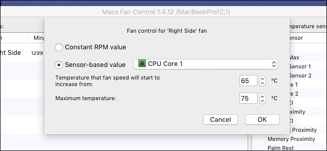 Окно мониторинга датчиков температуры в Macs Fan Control