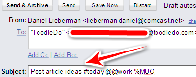 Иллюстрация пересылки письма в Toodledo